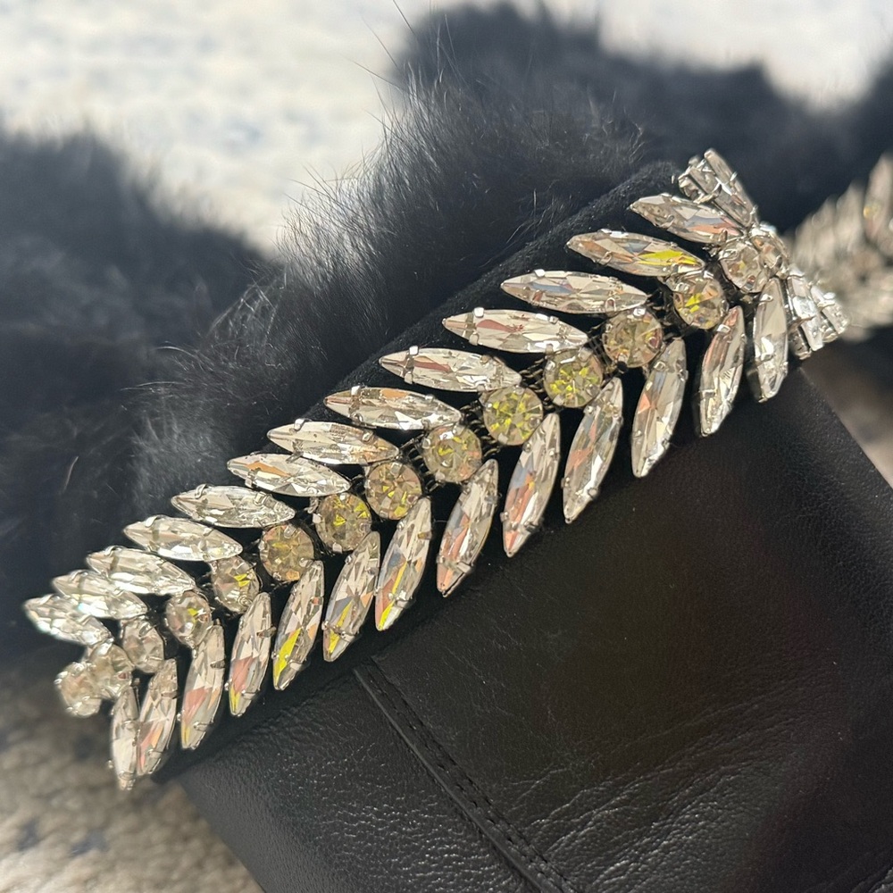Black Fur Trim slides with Crystal Embellishments